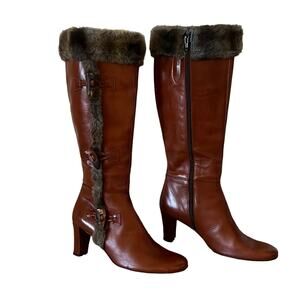 Italian Leather Faux Fur Trimmed Heeled Boots Womans Size 39 US 9
